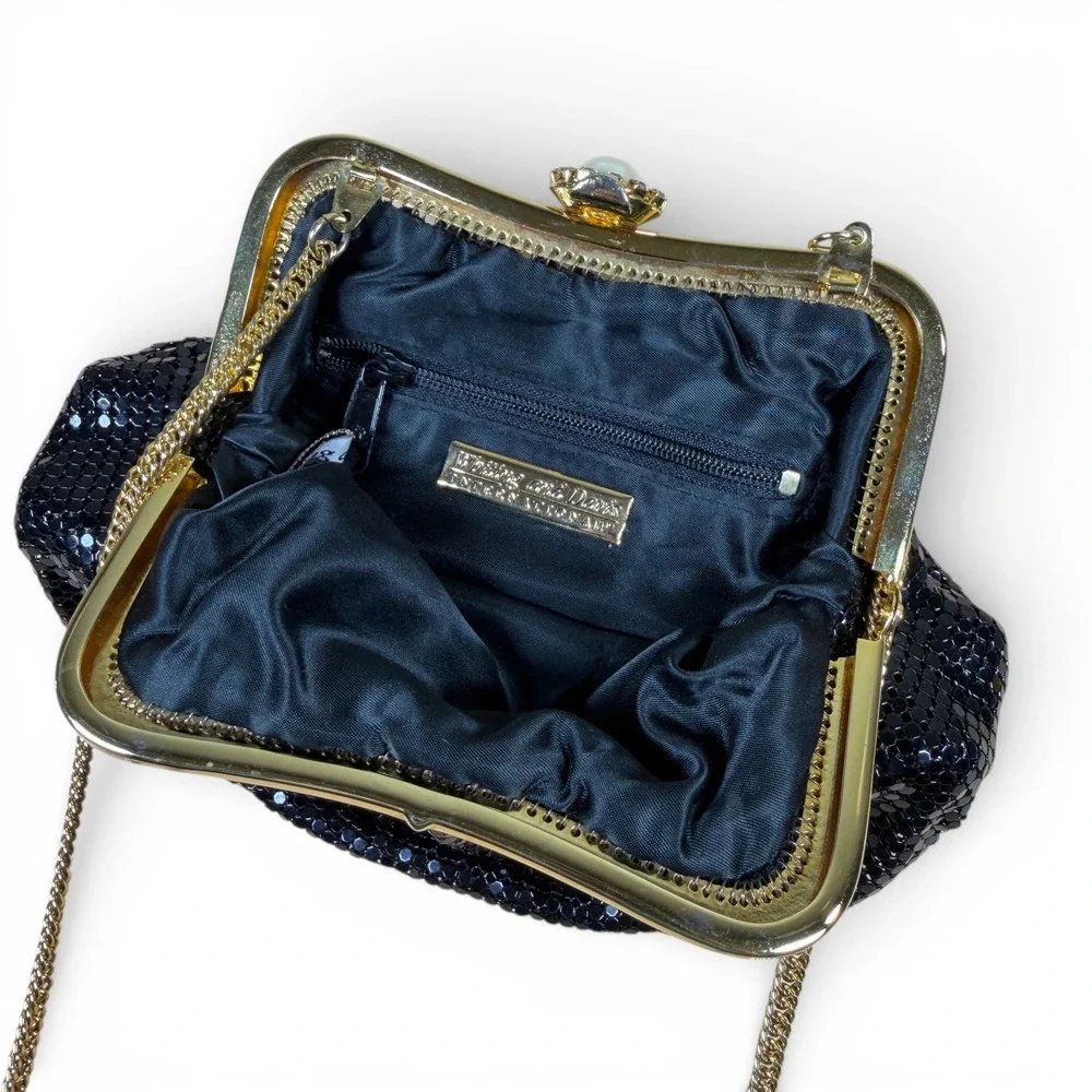 Whiting and Davis Vintage Bag Black Metal Mesh Rhinestone Gold Frame Pearl Clasp